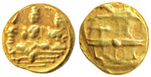 Vijayanagar, Tirumala Raya (1565-1578 AD), Gold ½ Pagoda, 1.17g, Rama and Sita seated with