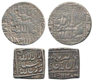 Akbar, Silver Rupee (2), Ahmedabad Mint, AH 982 and 987, both Kalima type, mint name at bo