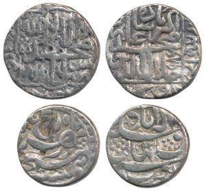 Akbar, Silver Rupee (2), Ahmedabad Mint, AH 986 Kalima type; Allahabad Mint, rebellion iss