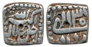 Akbar, Silver Square ½ Rupee, 5.55g, Mintless, Ilahi type, Month Amardad, RY 30. Very Fine