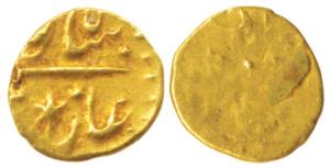 Gold ½ Fanam, 0.16g, in the name of Shah Ali Gauhar (Shah Alam II), uniface, mint off flan