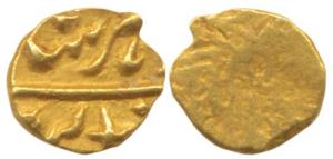 Gold ½ Fanam, 0.17g, in the name of Shah Ali Gauhar (Shah Alam II), uniface, mint off flan