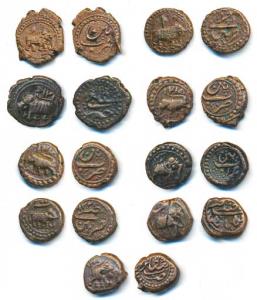 Tipu Sultan, Copper ¼ Paisa (9), Farrukhyab Hisar, Patan (6) and Bengalur (2) Mints, diffe