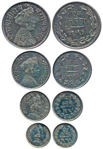 Sayaji Rao III, Silver set of 4 Rupee, ½ (8 Annas), ¼ (4 Annas) and 1/8 (2 Annas), Small f