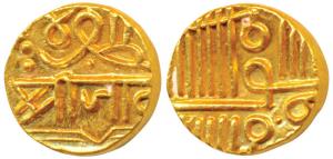 Jam Vibhaji (VS 1909-1951, 1852-1894 AD), Gold ½ Kori, 3.23g, in the name of Muzaffar Shah