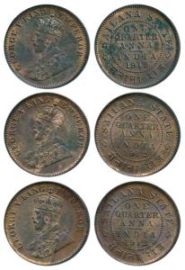 Jaswant Singh, George V, Copper ¼ Anna, 1912 (KM 16). Extremely Fine, Scarce. (3)