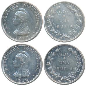 Silver Uma Rupee (2), 1912, liberty head to left on obv. (KM 18). About Extremely Fine. (2