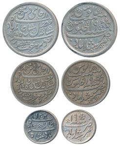 Murshidabad Mint, set of 3, Silver Rupee, ½ and 1/4, in the name of Shah Alam II, frozen R