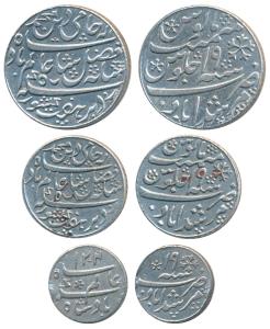 Murshidabad Mint, set of 3, Silver Rupee, ½ and 1/4, in the name of Shah Alam II, frozen R