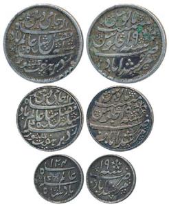 Murshidabad Mint, set of 3, Silver Rupee, ½ and 1/4, in the name of Shah Alam II, frozen R