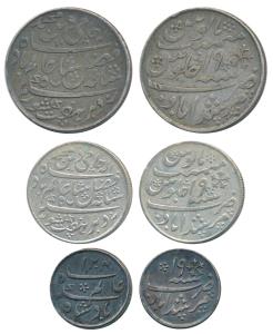 Murshidabad Mint, set of 3, Silver Rupee, ½ and 1/4, in the name of Shah Alam II, frozen R