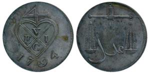 Copper Proof 1 ½ Pice / 6 Reas, 1791, bale mark with date below on obv., Scales on rev. (P