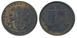 Proof Gold Gilt 2 Pice, 1804, coat of arms of the EIC and date below on obv., scales with 