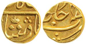 Gold 1/3 Mohur or Panchia, 3.84g, struck at the Bombay Mint, (circa 1825-31 AD), in the na