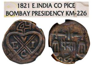 Copper Pice, Bankot Mint, EIC bale mark with date below on obv., scales, value in Hindi an