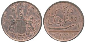 Copper 10 Cash, 4.5g, coat of arms of the EIC and date 1808 on obv., value in English on r