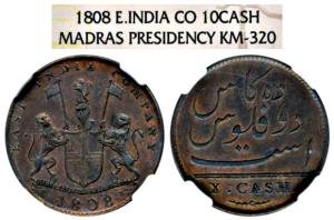 Copper 10 Cash, coat of arms of the EIC and date 1808 on obv., value in English on rev. (K