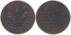 Copper 20 Cash, 12.3g, coat of arms of the EIC and date 1808 on obv., value in English on 