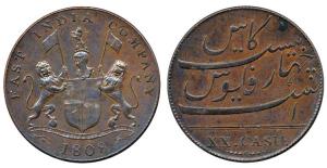 Proof Copper 20 Cash, coat of arms of the EIC and date 1808 on obv.; value in English on r