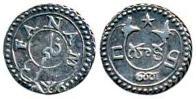 Silver Fanam, 0.9g, 2nd issue, 1808, buckled garter on obv., ribbon and star on rev., tri-