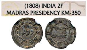 Silver Double or 2 Fanams, 2nd issue, 1808, oblique milling, buckled garter on obv., ribbo