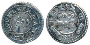 Silver Double or 2 Fanams, 1.74g, 2nd issue, 1808, oblique milling, buckled garter on obv.