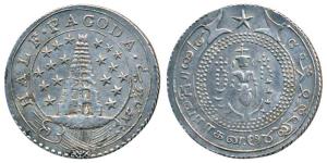Silver ½ Pagoda, 2nd issue, 1808, value in English and Persian on ribbon around Gopuram on