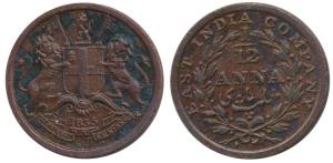 Copper 1/12 Anna, 1835, Bombay Mint, inverted die axis, Unlisted in Pridmore. Very Fine+.