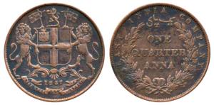 Copper ¼ Anna, 1857, Birmingham Mint, R. Heaton and Sons. Very Fine+, Rare.