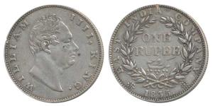 William IV, Silver Rupee, 1835, Calcutta Mint, F incuse, dot after F, A / II, Bud Leaves, 