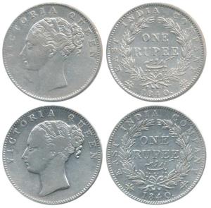 Victoria Queen, Silver Rupee, 1840, continuous legend, Calcutta Mint, Indian Head, 35 Berr