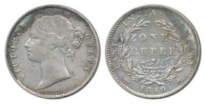 Victoria Queen, Silver Rupee, Mule, 1840, divided legend, 25 Berries. About Very Fine, Ver