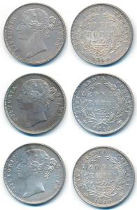 Victoria Queen, Silver Rupee (3), 1840, divided legend, Calcutta / Bombay Mint, W.W. raise
