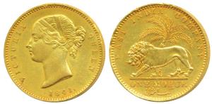 Victoria Queen, Gold Mohur, 11.60g, 1841, divided legend, WW incused on truncation (KM 462