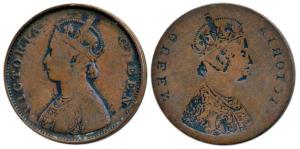 Victoria Queen, Copper ½ Anna, Error, Brockage, nice deep and complete lakhi impression on