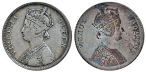 Victoria Queen, Silver Rupee, Error, Brockage, nice deep and complete lakhi impression on 