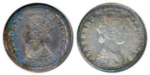 Victoria Empress, Silver 2 Annas, Error, Brockage, nice deep and complete lakhi impression