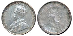 George V, Silver Rupee, Error, Brockage, nice complete lakhi impression on rev., the lakhi