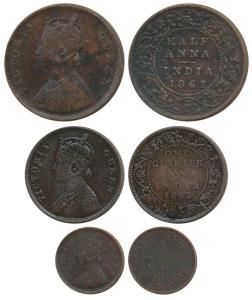 Victoria Queen, Copper ½ , ¼ and 1/12 Anna, 1862. Very Fine to Very Fine+. (3)