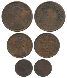 Victoria Queen, Copper ½ , ¼ and 1/12 Anna, 1862. Very Fine to Very Fine+. (3)