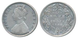 Victoria Queen, Silver ½ Rupee, 1862, Calcutta Mint, C / II, obv. as Wyon’s Design, (Prid 