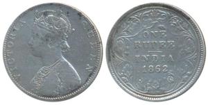 Victoria Queen, Silver Rupee, 1862, Bombay Mint, D / II, plain cones, double lines to the 