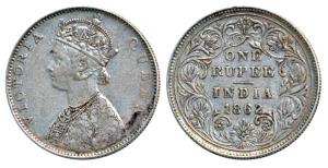 Victoria Queen, Silver Rupee, 1862, Bombay Mint, D / II, plain cones, this variety was str