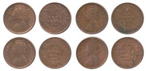 Victoria Empress, Copper 1/12 Anna (4), 1895, 1891, 1886 and 1897. About Uncirculated. (4)