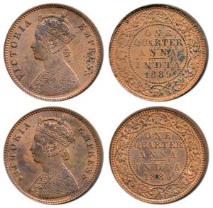 Victoria Empress, Copper ¼ Anna, 1889, Bombay Mint, B / I (Prid 644). About Uncirculated, 