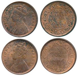 Victoria Empress, Copper ¼ Anna, 1889, Bombay Mint, B / I (Prid 644). Extremely Fine, Scar