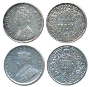 Victoria Queen, Silver 2 Annas, 1875, Calcutta Mint (Prid 489); George V, 1915, Calcutta M
