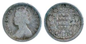Victoria Empress, Silver 2 Annas, 1879, Calcutta Mint, B / II / C incuse, (Prid 494). Abou