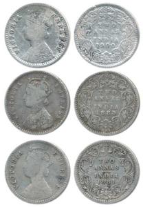 Victoria Empress, Silver 2 Annas (3), 1883, Bombay Mint, A / I / dot; 1881, Calcutta Mint,