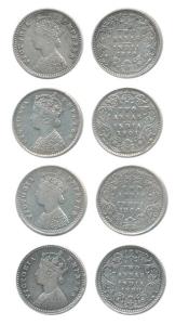 Victoria Empress, Silver 2 Annas (4), 1889, B incuse; 1890, C incuse; 1900, B raised and 1